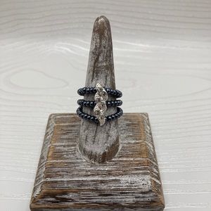 HANDCRAFTED 3 Strand Hematite Color Czech Glass Bead Ring w/Rhinestones